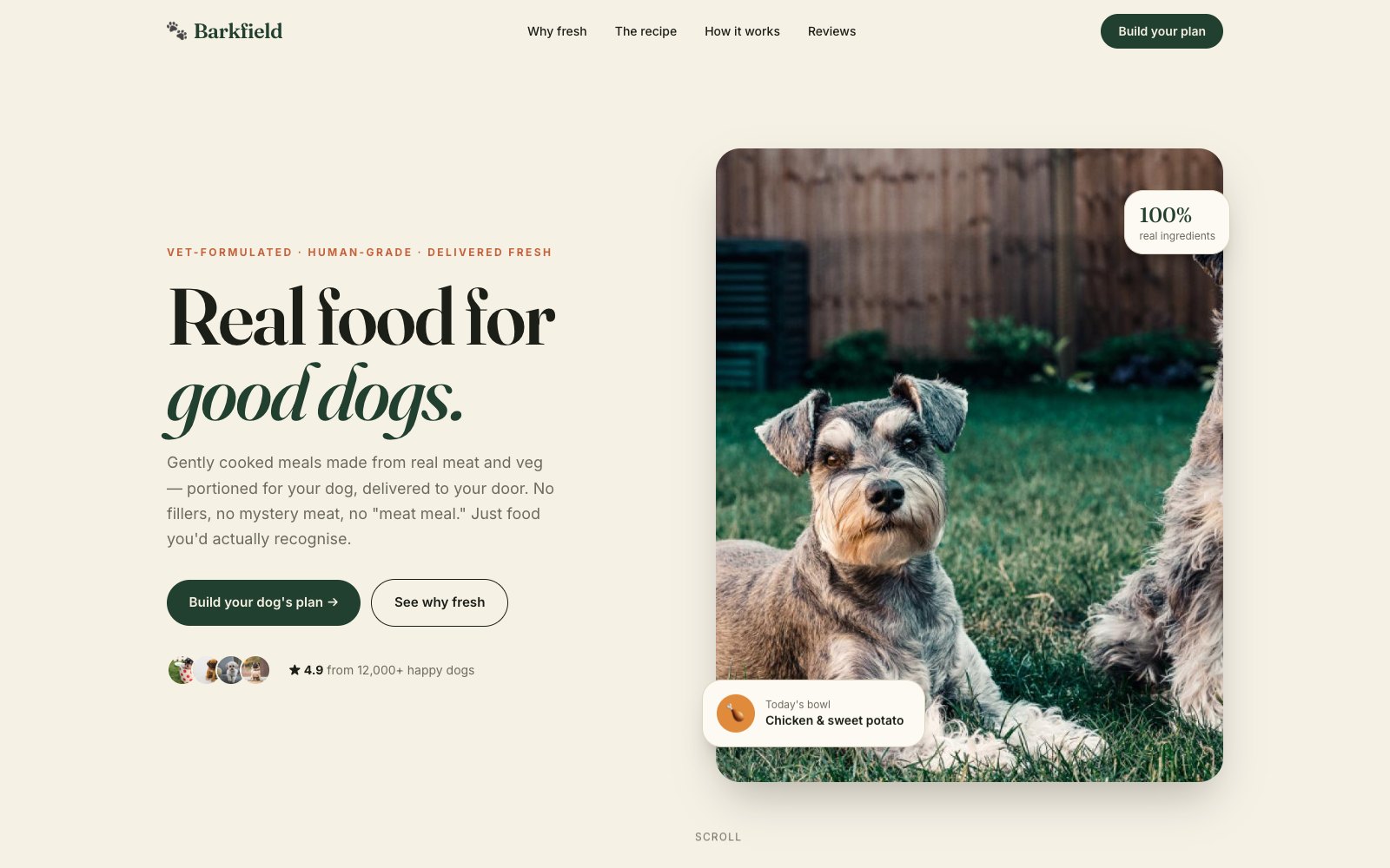 Barkfield — dog food brand site